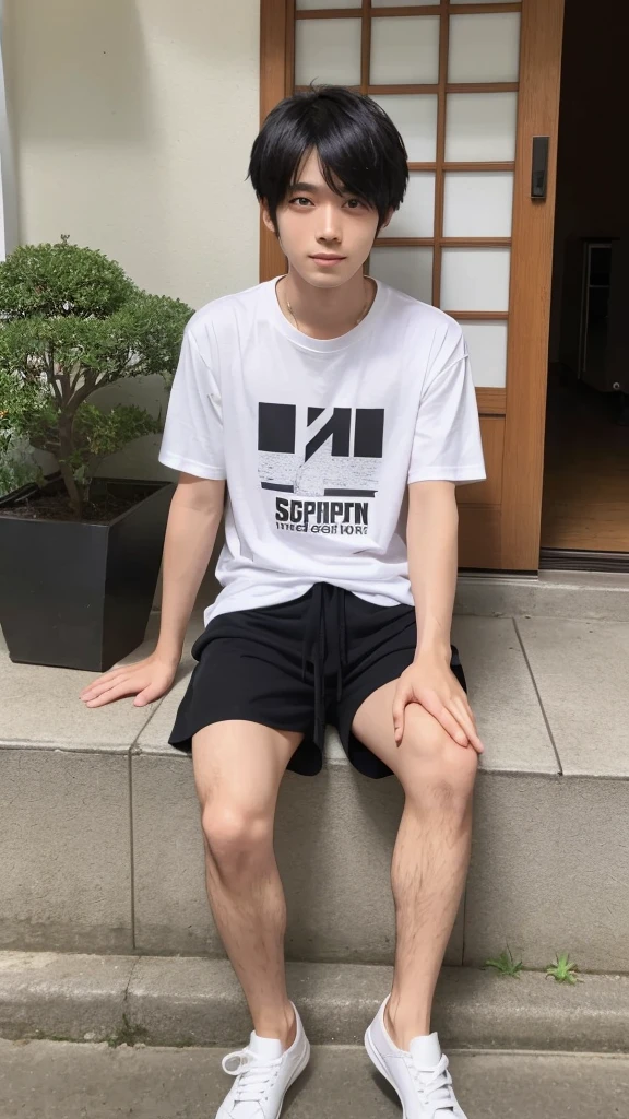 (super sharp focus), (Hairy legs), (((full body))), Japanese man, twenty years old, very short hair, Black Hair, sitting, Wearing shorts, Wearing a T-shirt,