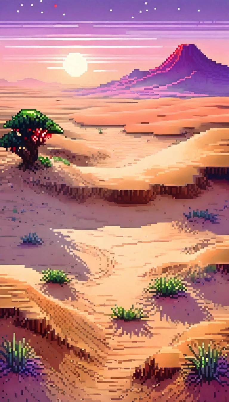 This image depicts a vibrant and serene natural landscape with a flat texture and minimal shading, typical of 8-bit pixel art. The foreground is filled with a vast flower field featuring various colors such as red, pink, and purple. In the middle ground, red and white sand dunes create a stark contrast. At the center stands a single green tree, with a tiny human figure nearby, adding a sense of scale and solitude. The background features a bright blue sky with a crescent moon, enhancing the tranquil and mysterious atmosphere of the scene.