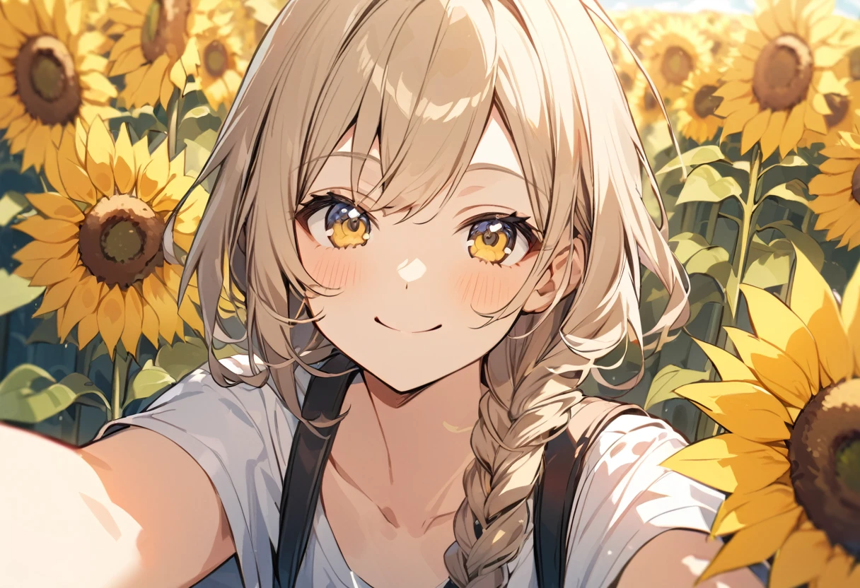 high resolution、Selfie style、Extending a selfie stick towards the viewer、Sunflower field、One girl,Upper Body,smile,I&#39;m laughing so hard my eyes are closing,A big smile,Black Hair,long,Shiny Hair, peace_sign