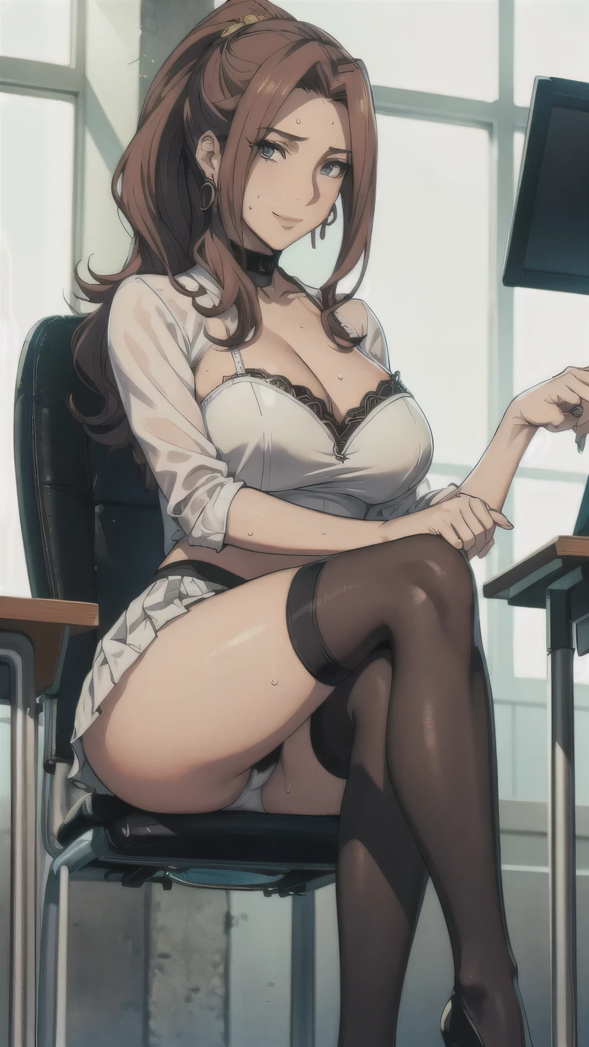 ((Correct Anatomy)),((Sit in an office chair)),((Cross your legs)),((((Black Stockings)))),((Beautiful feet)),((A shy smile)),((Lacy white panties)),((Office Costume)),((White blouse)),((Office Uniforms)),((Pleated mini skirt)),Ultra-high resolution,Mature Woman, Mature Woman, Very detailed,Extremely fine skin,Beautiful Skin,((Sweating all over the body)),(Big Breasts),((Beautiful legs)),Perfect hands, Detailed fingers, Beautiful details, ((Long Hair)),((ponytail)),Black choker, Earrings,High heels,High rise office building,Perfect Eyes, Captivating eyes