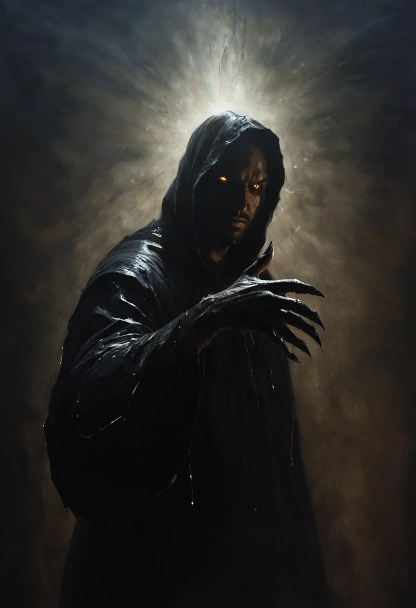 painting of a man shakes black demonic hand with claws. cinematic scene, volumetric lights, ultra realistic, in the style of nicola samori