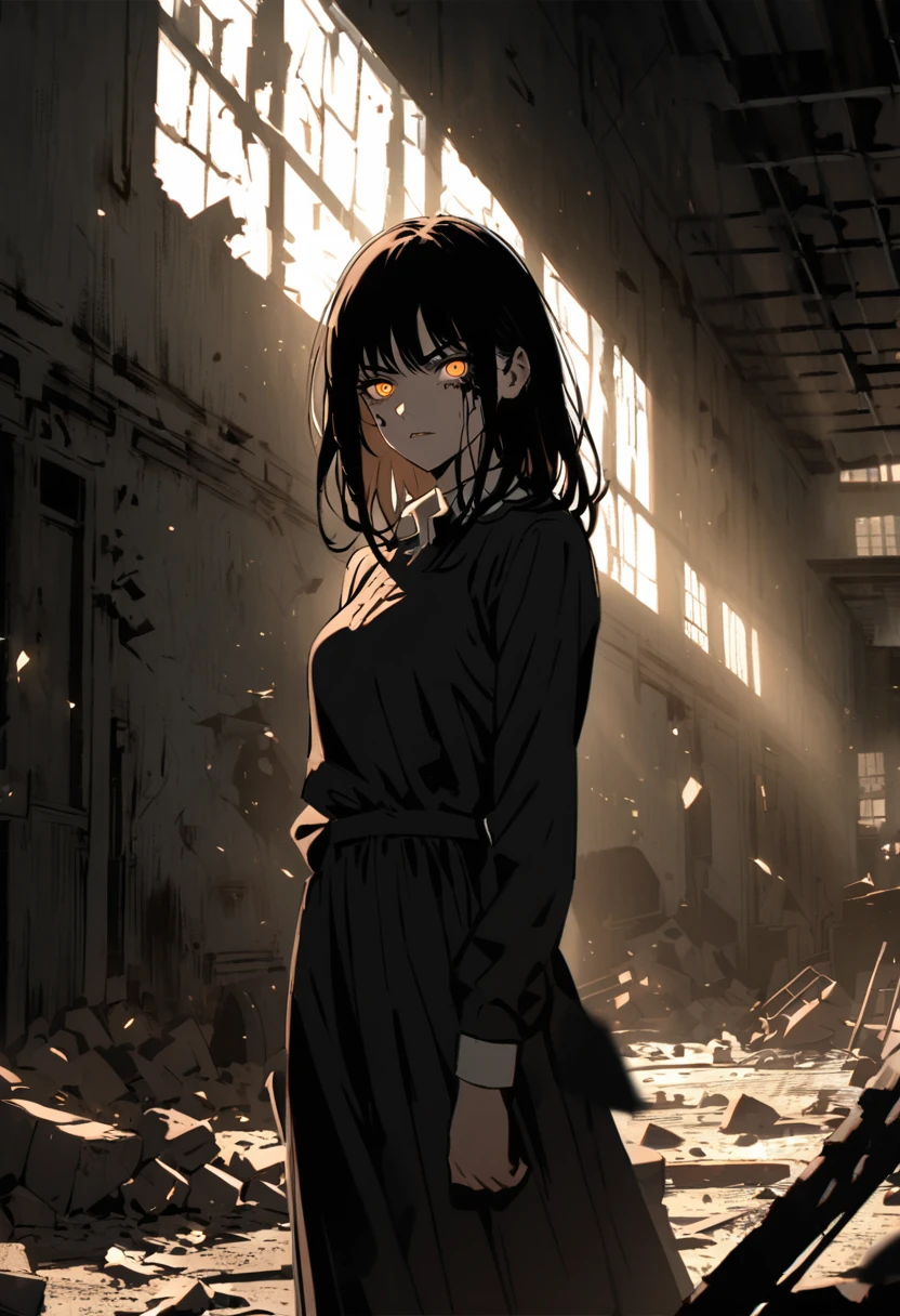 Yoru from Chainsaw Man is standing in an abandoned warehouse, with shafts of hard light coming through broken windows. The light creates stark shadows on her face and body, highlighting her intense expression. The background includes old machinery and scattered debris, adding to the noir atmosphere,cowboy shot