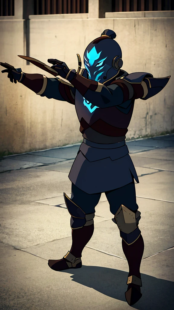Male, bounty hunter, wearing armor and armored face concealing mask, fully in frame, full body shot, facing viewer, standing at attention, arms at sides, lone person, sole figure, the last airbender, the last airbender, Avatar the Last Airbender style 