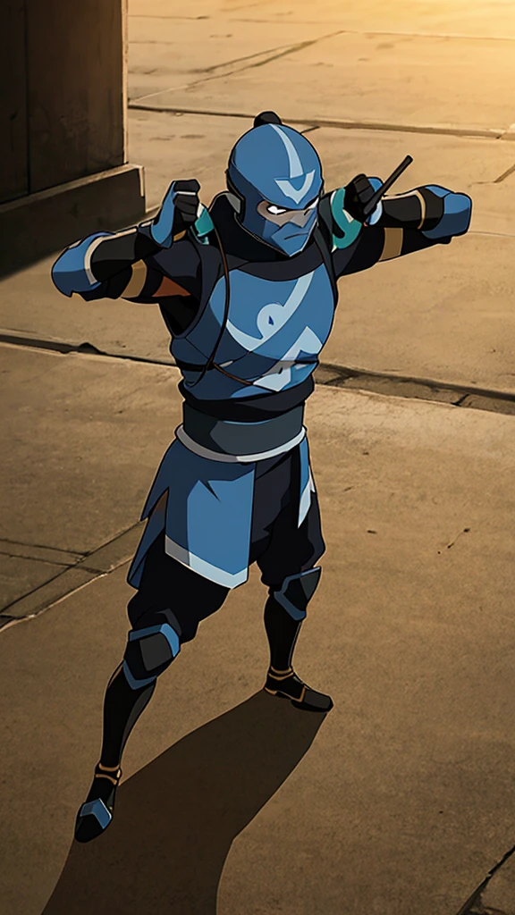 Male, bounty hunter, wearing armor and armored face concealing mask, fully in frame, full body shot, facing viewer, standing at attention, arms at sides, lone person, sole figure, the last airbender, the last airbender, Avatar the Last Airbender style