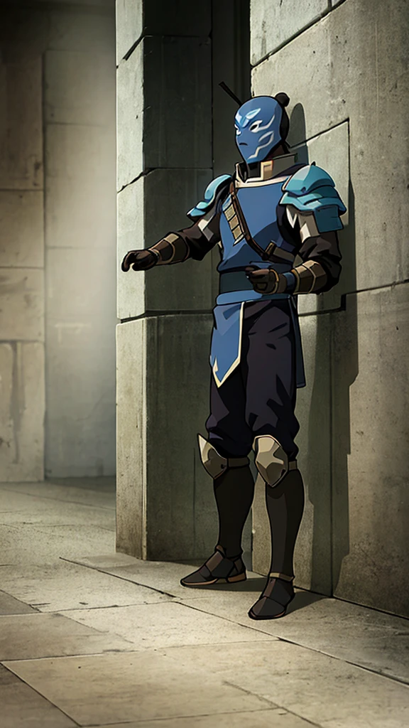 Male, bounty hunter, wearing armor and armored face concealing mask, fully in frame, full body shot, facing viewer, standing at attention, arms at sides, lone person, sole figure, the last airbender, the last airbender, Avatar the Last Airbender style 