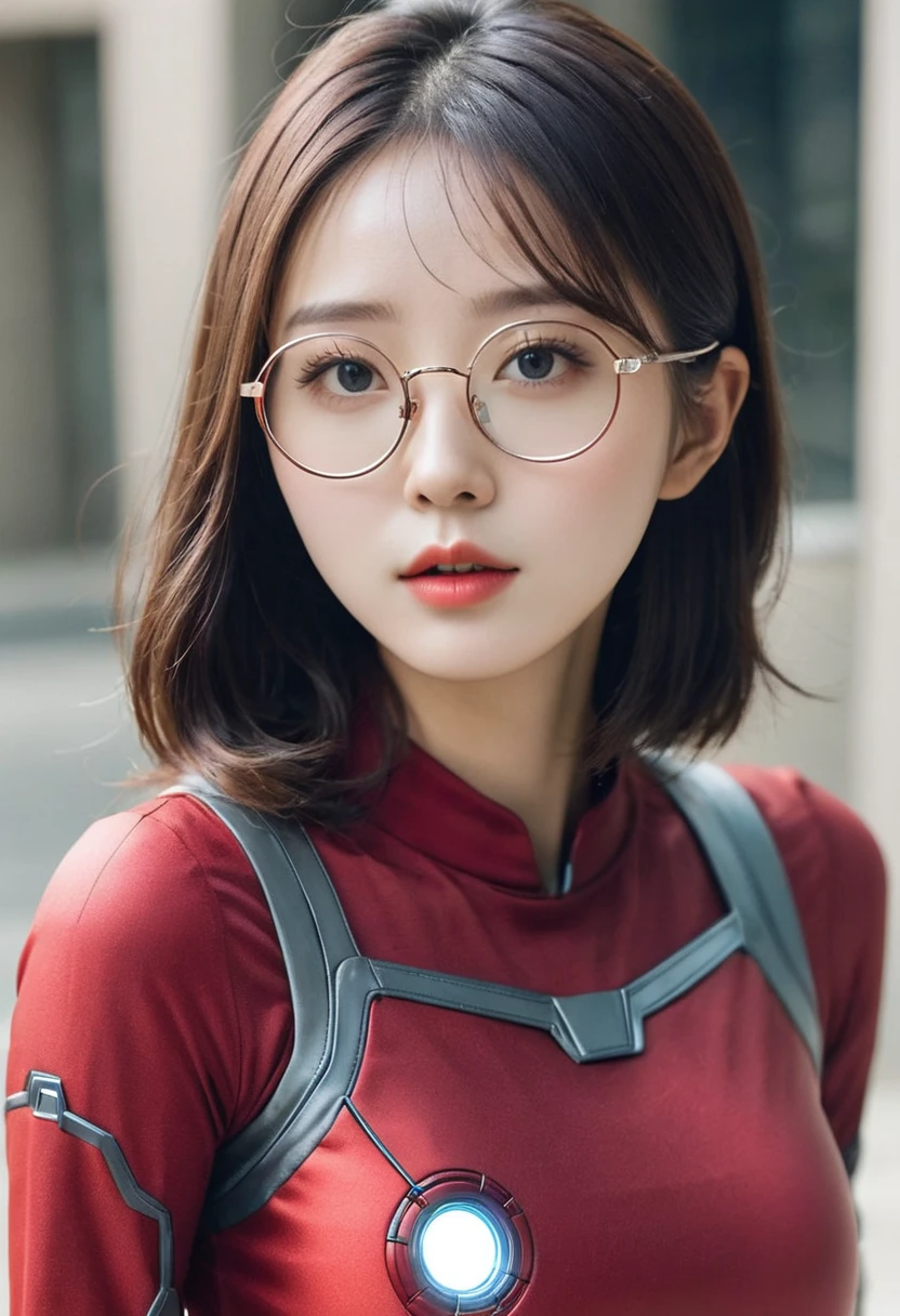 korean girld , shot heair , round transparent glasses , iron man suit