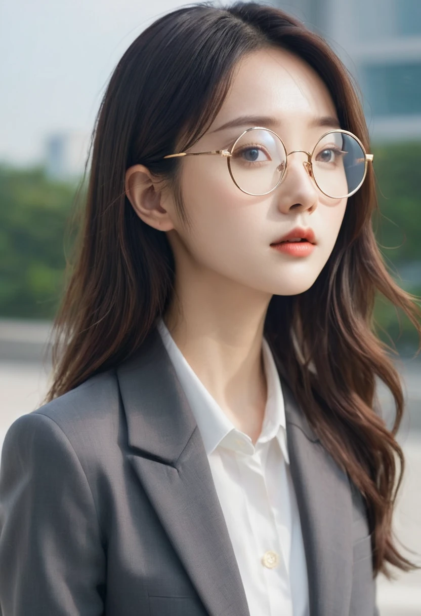 korean girld , shot heair , round transparent glasses , iron man suit