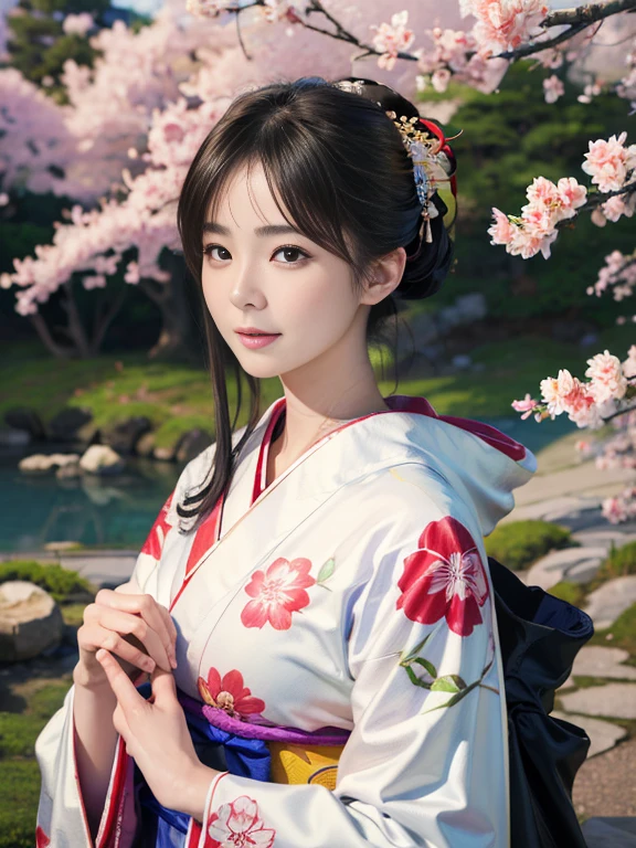 (Highest quality、 8k 、masterpiece、High resolution)、 Japanese painting、Vibrant colors、A woman wearing a kimono、Ample breasts、(Highly detailed face and eyes,Beautiful Face,Beautiful Eyes,Beautiful nose,Pretty lips)、Dynamic painting technique,、Colorful peonies、Japanese garden、cherry blossoms、Detailed Description、Detailed CG、