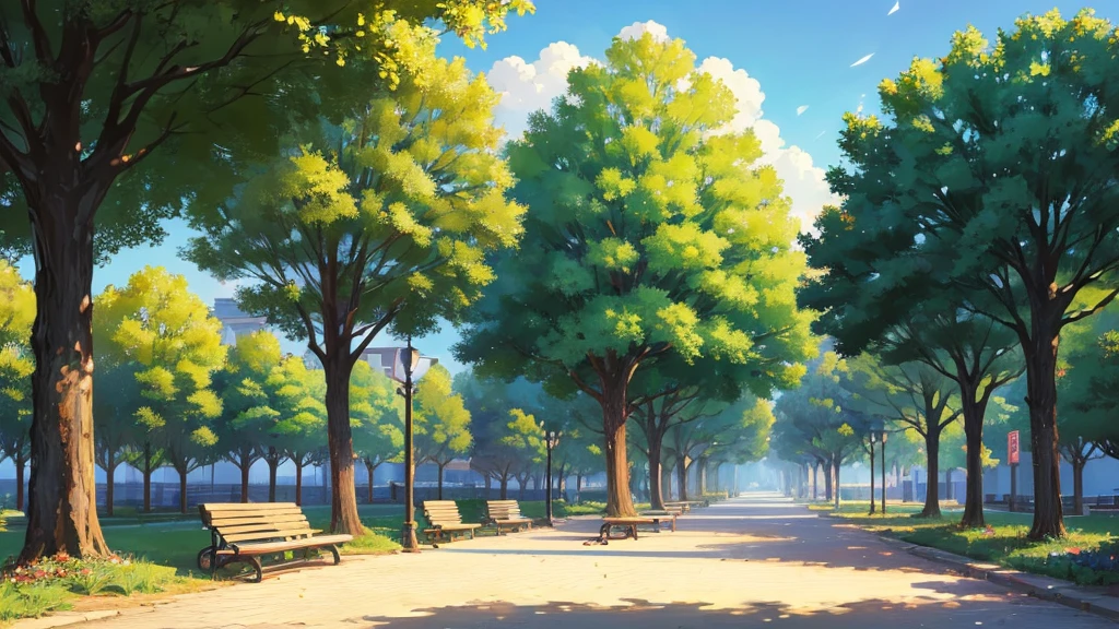 masterpiece, Best quality, (2d anime background), (Visual novel), (Best quality), (best illustration), (best shadow), beautiful detailed glow, Park, Benches, daytime lighting, anime, background