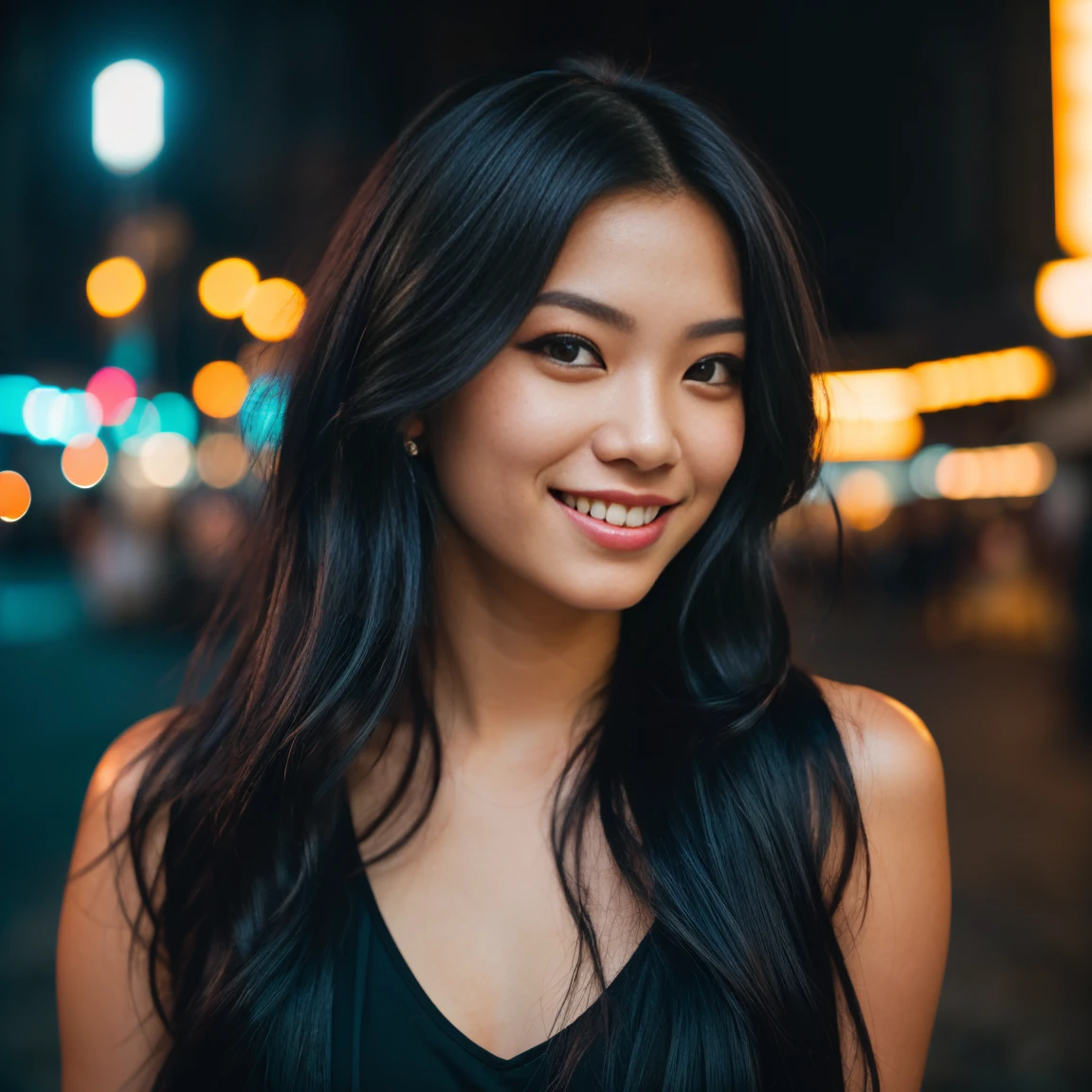 arafed woman with black hair sitting on the beach, flowing black hair with deep blue high lights, with black hair, photo of a beautiful woman, long flowing black hair, pink golden hour, curly pink hair, beautiful young asian woman, beautiful asian woman, wild ginger hair, pink wispy hair, light pink hair, a young asian woman, an asian woman, infp young woman, Portrait photo of a 24-year-old french girl in RAW UHD format (Black-eyed woman) Walk down the dark alley, night city, Details (textures! , Hair! , glistering, Color!! , imperfections: 1.1), highly detailed glossy eyes (looking at the camera), DSLR Lighting, SLR camera, Ultra-Quality, sharpness, Depth of field, Film grain (Downtown), Fujifilm XT3, Crystal clear, Frame Center, beatiful face, sharp-focus, , neon lighting, bokeh (dimly lit), night time, (night sky), detailed skin pores, oilly skin, suntan, Complex eye details, ((smiling)), ((long distance))