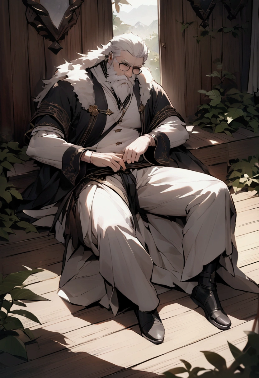 Hairy，（Wolf，Black-rimmed glasses，White short sleeve，灰色Long sleeve衬衣，Long sleeve，Roll up your sleeves，Shorts），White beard，White fur，male，generally，Full Body Shot， Dynamic pose，There are fallen leaves，sunlight，in the bedroom，bed，Lying，close your eyes，Sleeping，Detailed Background，极其Real阴影，masterpiece，Very detailed，Real