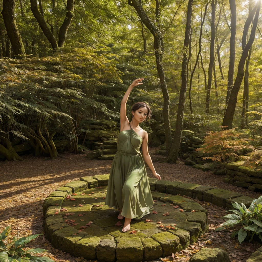 A whimsical miniature figure composed of delicately arranged autumn leaves, poised in a carefree dance on the rim of a weathered, moss-covered terracotta pot, set against a lush, vibrant forest backdrop, what dappled sunlight filters through the canopy above, casting in casting intricate shadows. The overall aesthetic is ethereal, with warm, earthy tons of sienna, umber, and olive green, infused with hints of emerald and golden light, evoking a sense of wonder and enchantment, as if plucked from a fantastical realm.