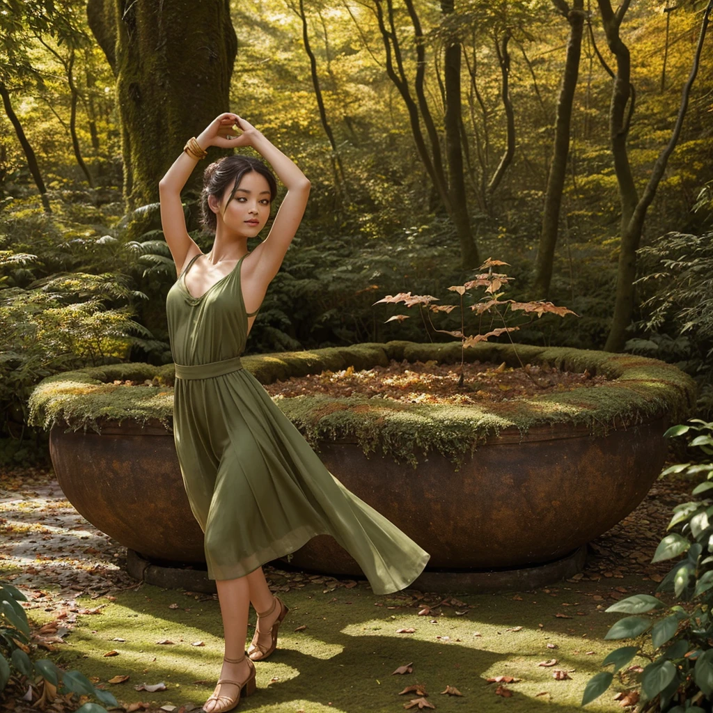 A whimsical miniature figure composed of delicately arranged autumn leaves, poised in a carefree dance on the rim of a weathered, moss-covered terracotta pot, set against a lush, vibrant forest backdrop, what dappled sunlight filters through the canopy above, casting in casting intricate shadows. The overall aesthetic is ethereal, with warm, earthy tons of sienna, umber, and olive green, infused with hints of emerald and golden light, evoking a sense of wonder and enchantment, as if plucked from a fantastical realm.