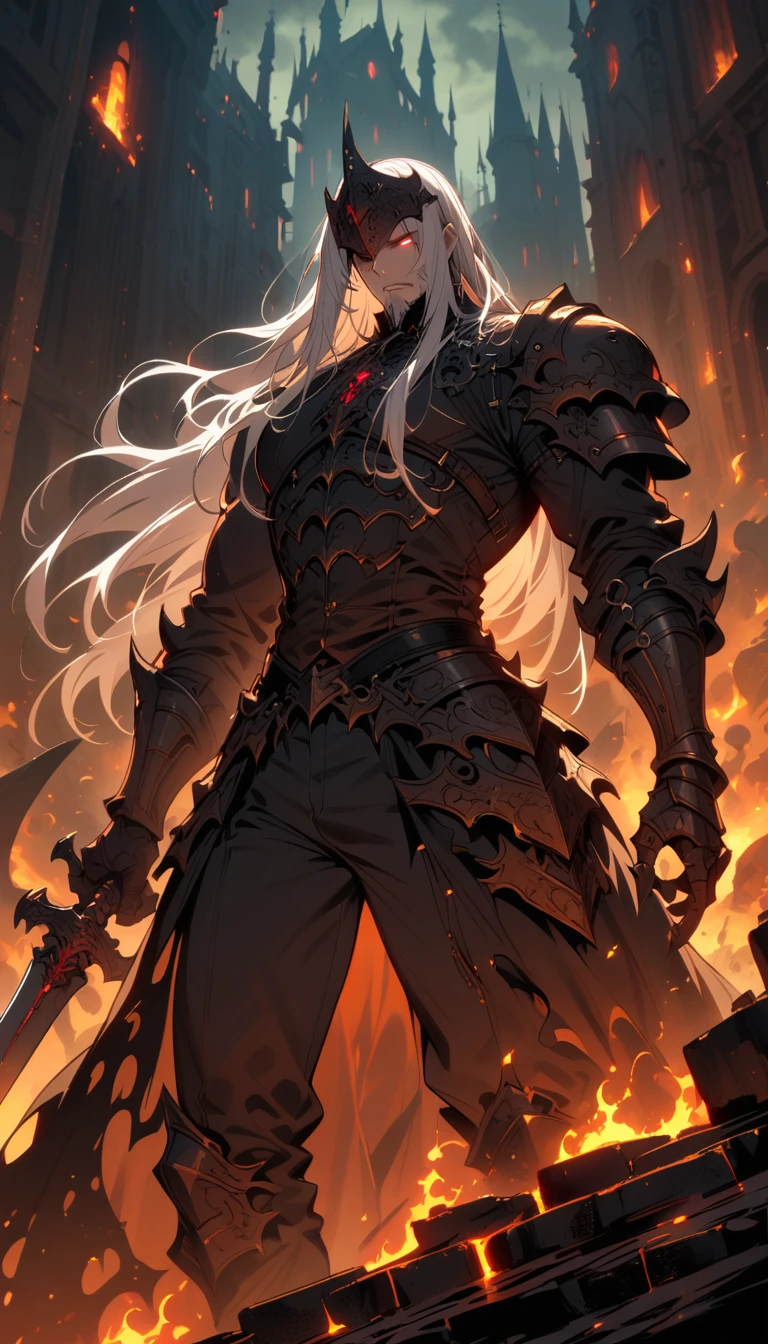 ((best quality)) , ((masterpiece)) , (detailed)，weapon, armor, holding, long hair, facial hair, glowing eyes, 1boy, male focus, holding weapon, glowing, sword, outdoors, helmet, braid, teeth, fire, shoulder armor, pants, grey hair, beard, bangs, holding sword, muscular male, white hair,(((Gothic style， Dark, mysterious, haunting, dramatic, ornate, detailed)))