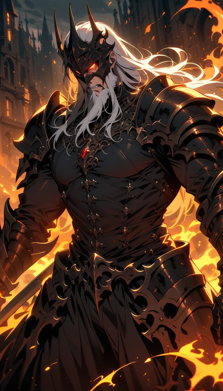 ((best quality)) , ((masterpiece)) , (detailed),weapon, armor, holding, long hair, facial hair, glowing eyes, 1boy, male focus, holding weapon, glowing, sword, outdoors, helmet, braid, teeth, fire, shoulder armor, pants, grey hair, beard, bangs, holding sword, muscular male, white hair,(((Gothic style, Dark, mysterious, haunting, dramatic, ornate, detailed)))
