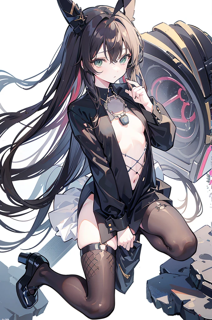 {{masterpiece}}, The best quality of life, 、Dark brown long hair down to the waist、Anime Girls with brown long hair, Cute female anime visuals,(Black Bunny Suit,Black pumps), Anime full body illustration, Anime Moe Art Style, Anime characters, (Anime Girls)、(Green Eyes)、Expressionless adult woman、Small Necklace、((White background))、Fishnet tights、Black pumpsをはいて立っている、C Cup Bust Size