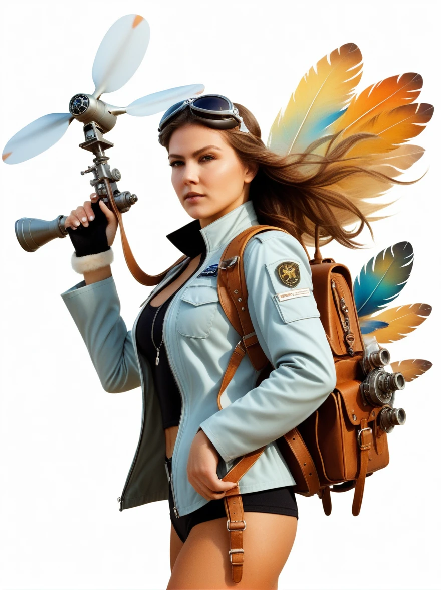 a personal shoulder-mounted aircraft, a mini swivel satchel on the shoulders of a woman with a propeller above her head and control levers in her hands, a complex apparatus for flight, nature, ultra-detailed airbrushing, digital art, fantasy art, an artistic portrait of something that does not even exist, detailed fur, ((white + background)), warm colors, floral watercolor technique, fabulous, particles, splashes of color, elements, Alberto Seveso, Carole Buck, Peter Saville, Ian Davenport, Felipe Pantone, Emmanuel Muro, magnificent, masterpiece, intricate details, highly detailed background, epic fantasy composition., award-winning illustration "fast negative", 