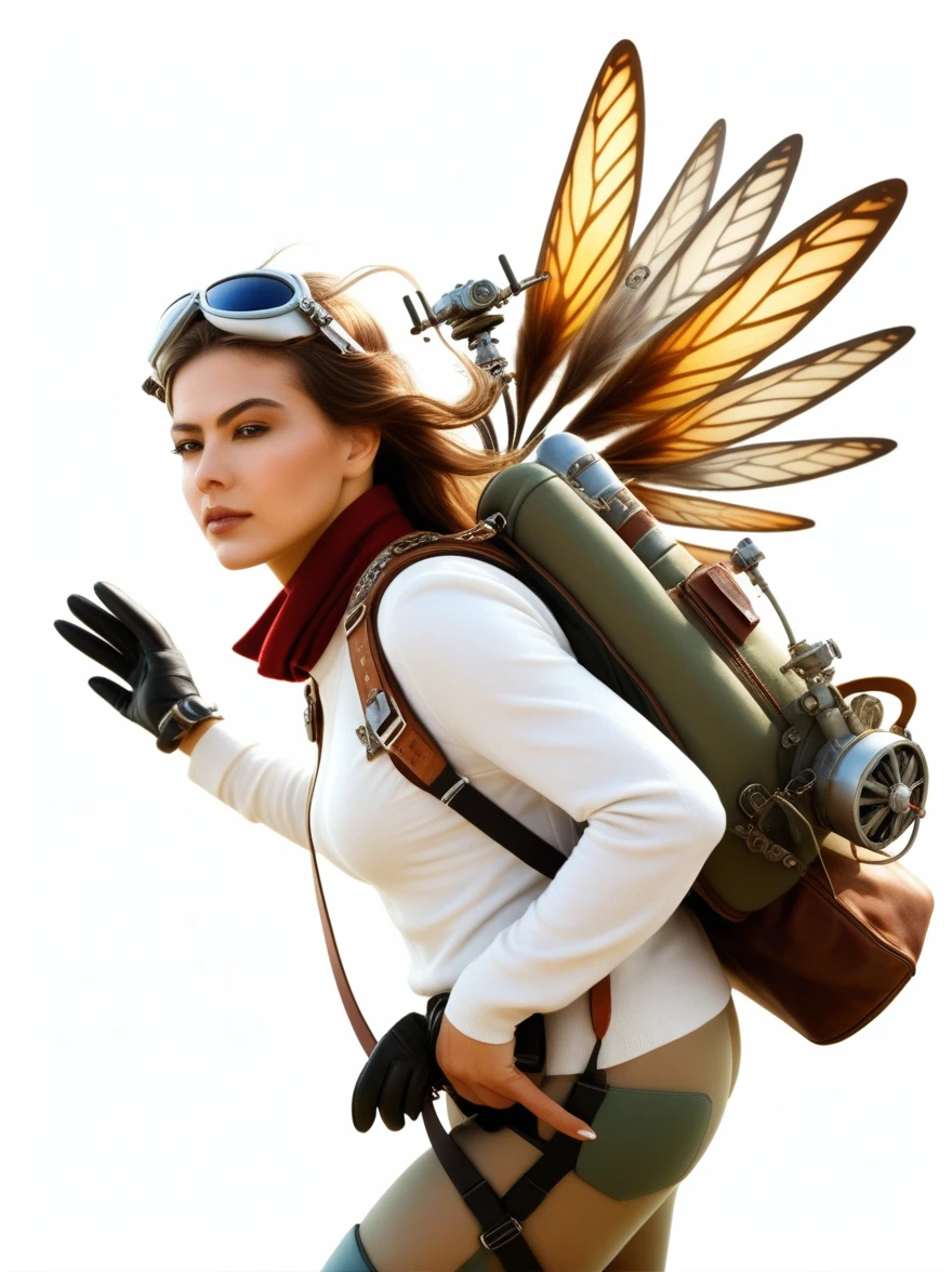 a personal shoulder-mounted aircraft, a mini swivel satchel on the shoulders of a woman with a propeller above her head and control levers in her hands, a complex apparatus for flight, nature, ultra-detailed airbrushing, digital art, fantasy art, an artistic portrait of something that does not even exist, detailed fur, ((white + background)), warm colors, floral watercolor technique, fabulous, particles, splashes of color, elements, Alberto Seveso, Carole Buck, Peter Saville, Ian Davenport, Felipe Pantone, Emmanuel Muro, magnificent, masterpiece, intricate details, highly detailed background, epic fantasy composition., award-winning illustration "fast negative", 