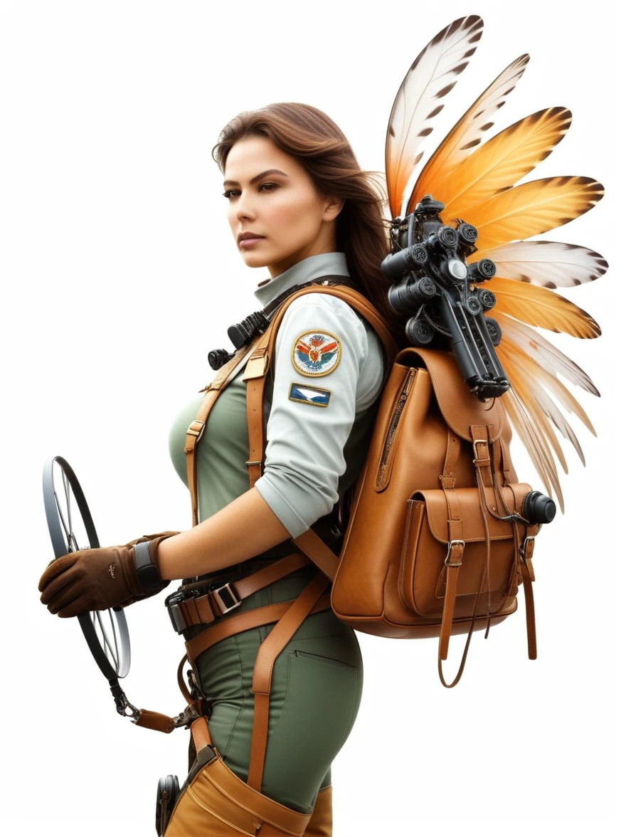 a personal shoulder-mounted aircraft, a mini swivel satchel on the shoulders of a woman with a propeller above her head and control levers in her hands, a complex apparatus for flight, nature, ultra-detailed airbrushing, digital art, fantasy art, an artistic portrait of something that does not even exist, detailed fur, ((white + background)), warm colors, floral watercolor technique, fabulous, particles, splashes of color, elements, Alberto Seveso, Carole Buck, Peter Saville, Ian Davenport, Felipe Pantone, Emmanuel Muro, magnificent, masterpiece, intricate details, highly detailed background, epic fantasy composition., award-winning illustration "fast negative", 