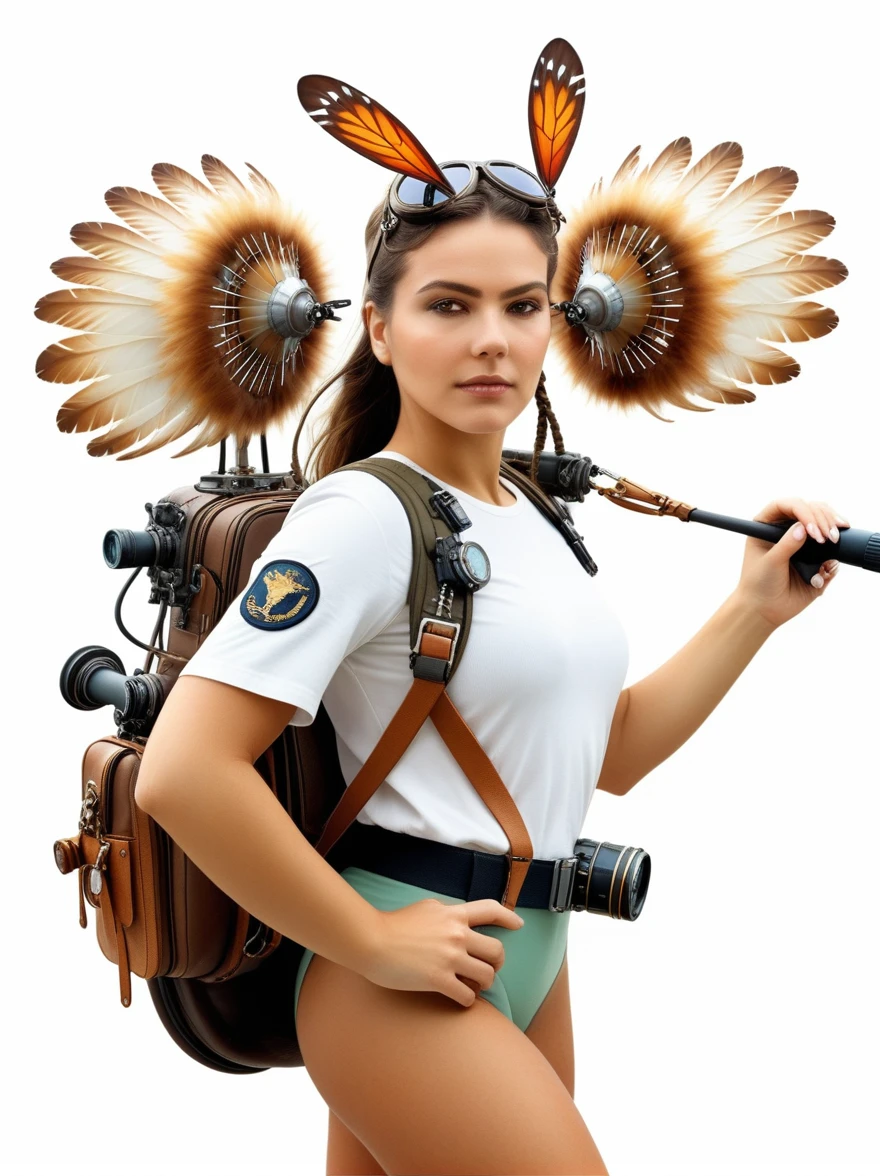 a personal shoulder-mounted aircraft, a mini swivel satchel on the shoulders of a woman with a propeller above her head and control levers in her hands, a complex apparatus for flight, nature, ultra-detailed airbrushing, digital art, fantasy art, an artistic portrait of something that does not even exist, detailed fur, ((white + background)), warm colors, floral watercolor technique, fabulous, particles, splashes of color, elements, Alberto Seveso, Carole Buck, Peter Saville, Ian Davenport, Felipe Pantone, Emmanuel Muro, magnificent, masterpiece, intricate details, highly detailed background, epic fantasy composition., award-winning illustration "fast negative", 