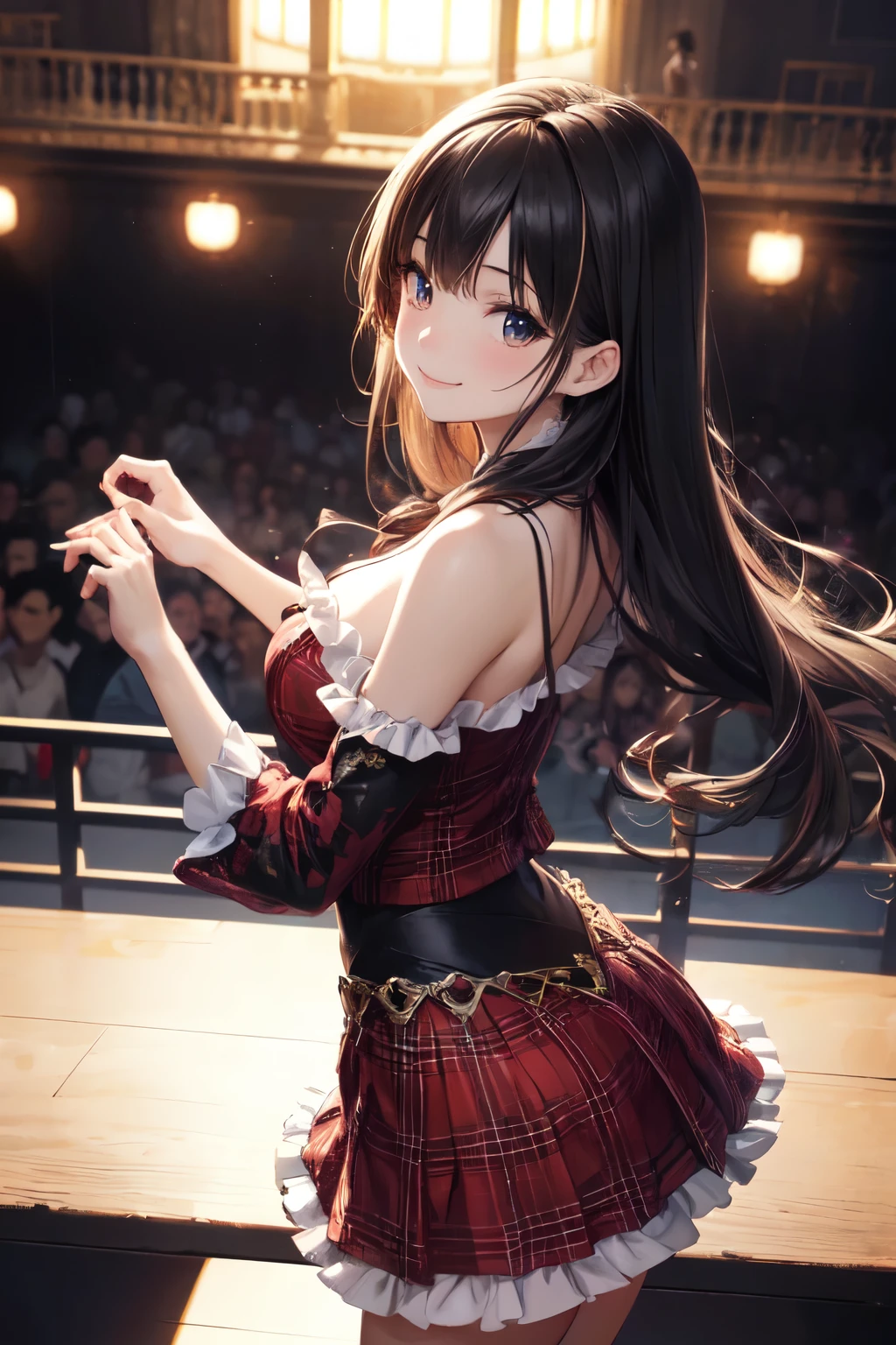 very cute and beautiful girl,(highly detailed beautiful face and eyes),(smile),happy,
black hair,looking at viewer,dancing,singing,beautiful legs,cowboy shot,
plaid scarlet idol costume like AKB48,teen akiba idol,detailed frills,
live stage,concert hall,spot light,
(best quality,masterpiece),absurdres,highres,ultra-detailed,extremely detailed,32k,8k resolution,
intricate details,cinematic scene,detailed background,solo,dynamic angle,
perfect hands,realistic,