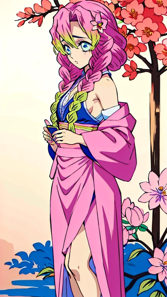 (masterpiece, Better Quality), 1girl, Mitsuri Kanroji 、original outfit, Thin fabric、sexy pose、flowers background, for mobile wallpaper