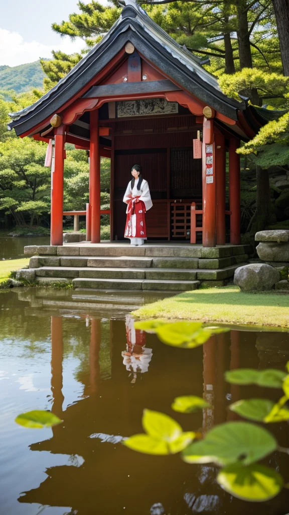 shrine、Kagura、 Shrine maiden、lake