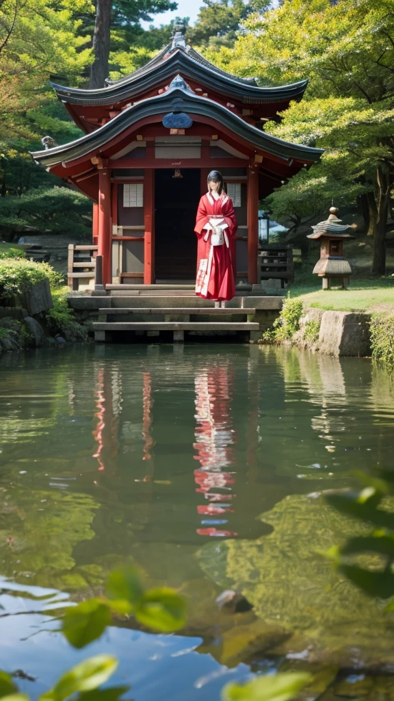shrine、Kagura、 Shrine maiden、lake