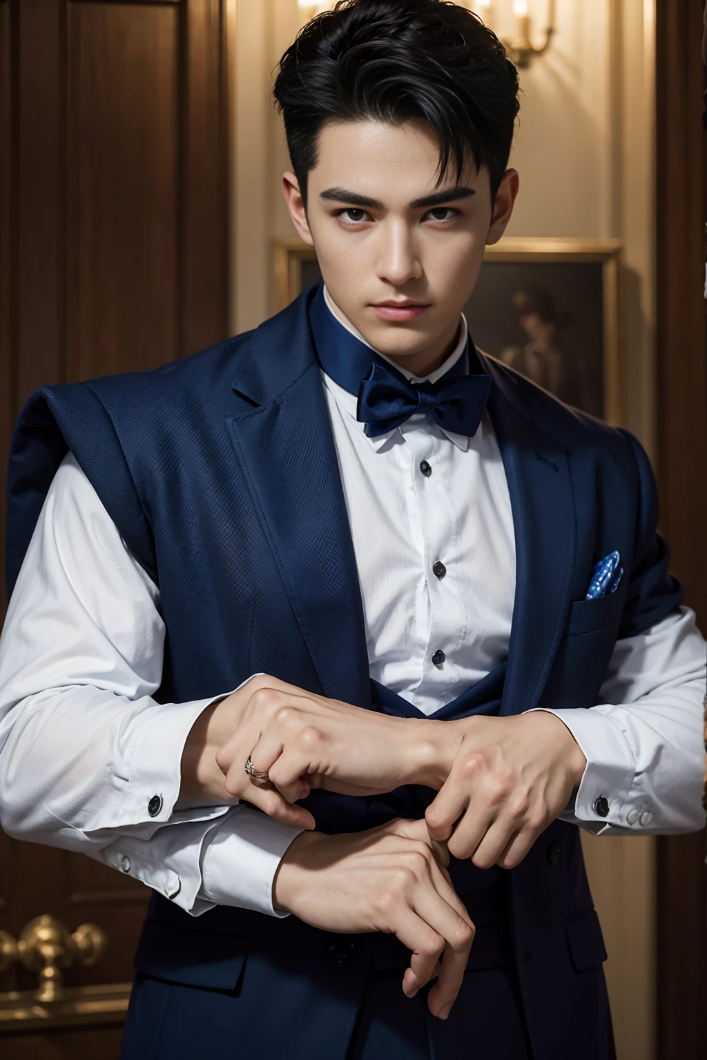 ((masterpiece)),((best quality)),8K,high detail,Very detailed, Very manly,3 men, like,fashion pose, Realistic skin texture, Light,
Royal blue style couple,Perfect hand details