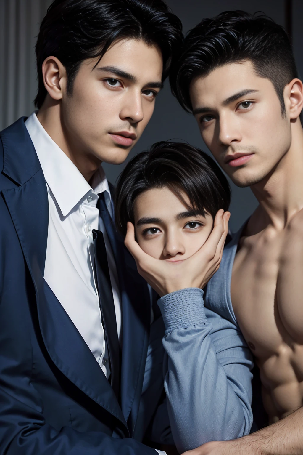((masterpiece)),((best quality)),8K,high detail,Very detailed, Very manly，3 men, like，fashion pose, Realistic skin texture, Light,
Royal blue style couple，Perfect hand details