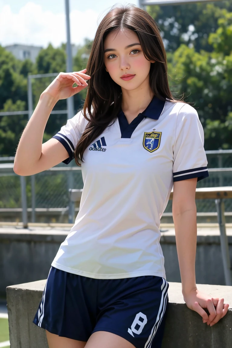 une femmes brunette de 18 ans sexy et mince , short sleeve uniform de football, salle de classe, se touche,position sey,sensuel