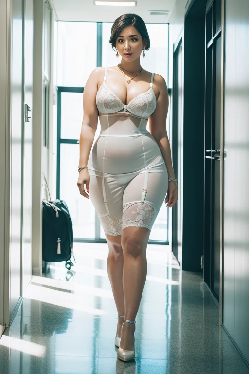 ((30-year-old curvy beauty 1.3))、((Long girdle:1.3))、((The color of the long girdle is white:1.3))、((The long girdle is a long type that runs from the abdomen to the thighs:1.2))、((The girdle has a white floral pattern.:1.2)),White lace bra、White office suit jacket、Colossal 、Big ass、short-cut((Neat face:1.4))Expensive necklaces、Expensive earrings、Walking through a bright office hallway with natural light