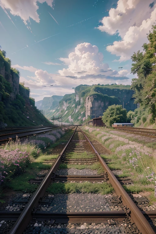 There is a beauty standing on the train tracks, with signs, landscape artwork, anime background art, loepfe art, detailed scenery – width 672, landscape art detailed, loepfe art style, beautiful anime landscape, made with anime painter studio, background artwork, anime country landscape, beautiful art UHD 4 K, anime art wallpaper 8 K, anime landscape