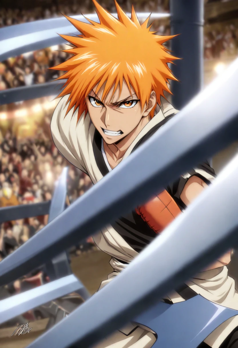 Kurosaki İchigo (Bleach),  hair orange, spiky hair, skin fair, box fighter, boxing luva, arena de ring de box