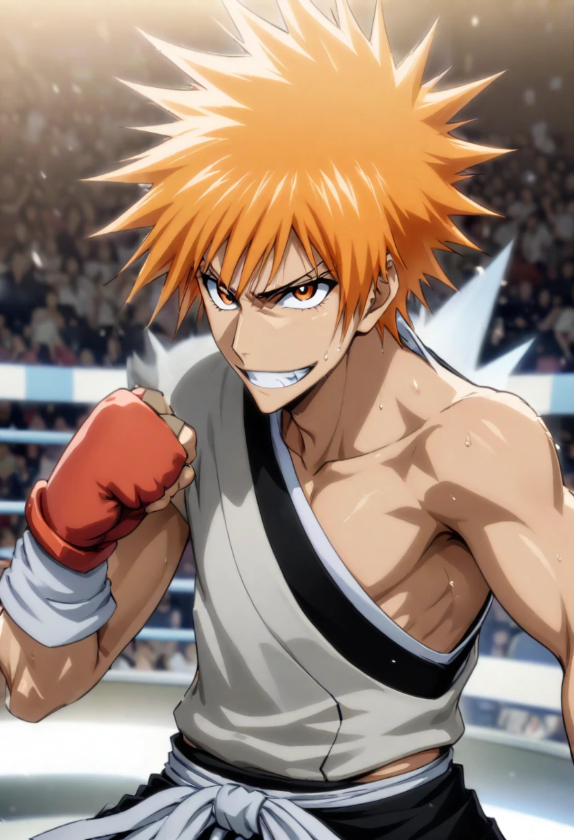 Kurosaki İchigo (Bleach),  hair orange, spiky hair, skin fair, box fighter, boxing luva, arena de ring de box