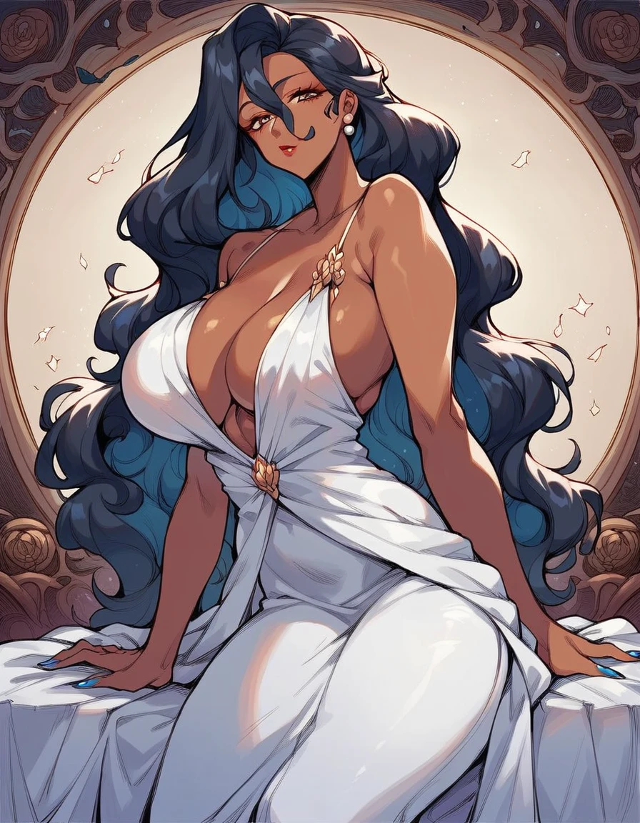 score_9, score_8_up, score_7_up, score_6_up, score_5_up, score_4_up, source_anime, 1girl,dark skin,hair between eyes,mature female,elegant dress,tight fit long dress,nail polish,huge breast,long hair