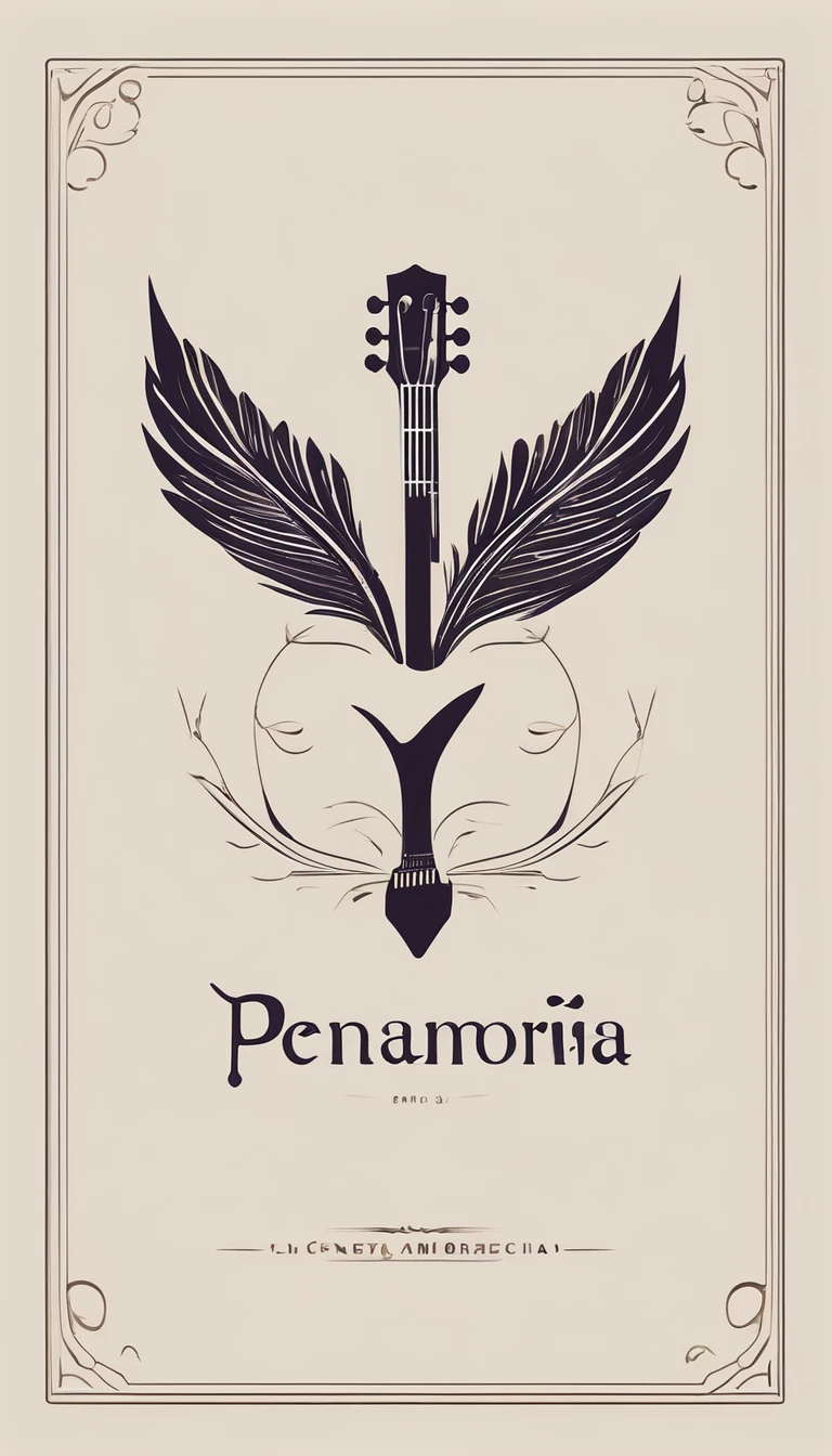 A minimal, modern, simple, cinematic logotype for the brand “Penamemoria". The logotype must be a simple, magical feather and a boy playing acoustic guitar. The logo must convey a sense of music, stories and dreams. Logo design impressed on a book cover. Minimalistic logo