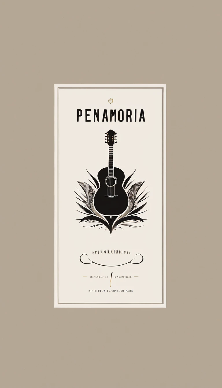 A minimal, modern, simple, cinematic logotype for the brand “Penamemoria". The logotype must be a simple, magical feather and a boy playing acoustic guitar. The logo must convey a sense of music, stories and dreams. Logo design impressed on a book cover. Minimalistic logo