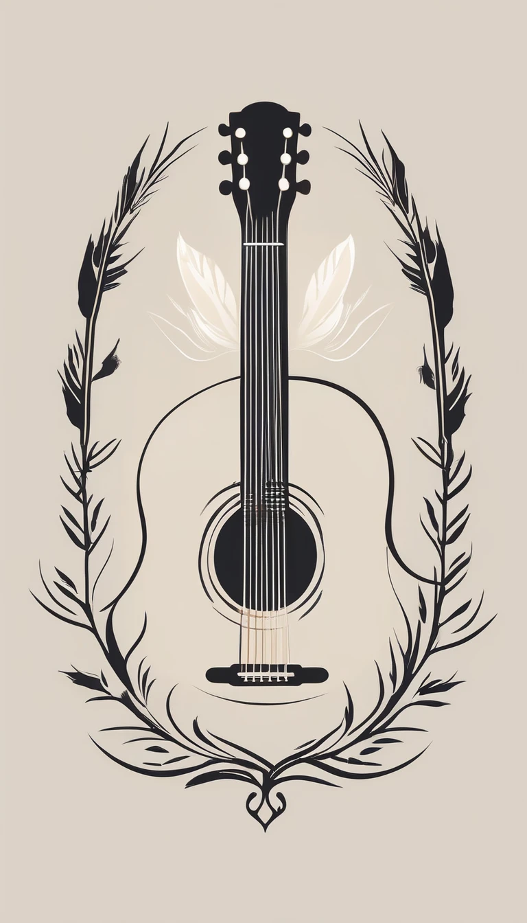 A minimal, modern, simple, cinematic logotype for the brand “Penamemoria". The logotype must be a simple, magical feather and a boy playing acoustic guitar. The logo must convey a sense of music, stories and dreams. Logo design impressed on a book cover. Minimalistic logo