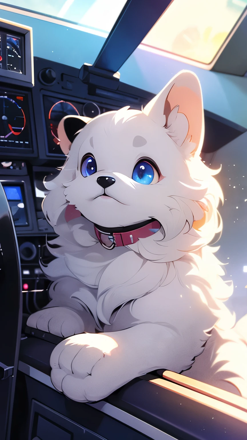 Highest quality, Highest quality, 16K, software, Unbelievably absurd, Very detailed, delicate and dynamic, Natural light, The particles reflect light beautifully, Diffuse reflection of light, Vortex of Light, Aerial, biplane, cumulonimbus, , Create amazing image effects, Body close-up, biplane, (Cute Puppy,,,Serious,, Biplane pilot, Leather jacket,, Sit in the cockpit, Puppy pilots biplane)
