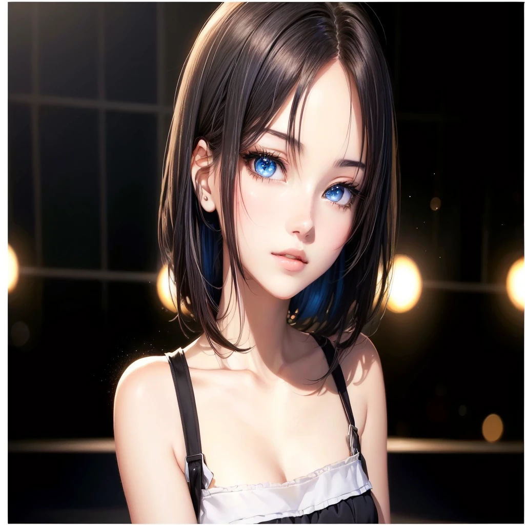 Anime girl with black hair and blue eyes in a black dress, Smooth anime CG art, Realistic young anime girl, Realistic anime art style, Beautiful Anime Girls, Attractive anime girl, Anime Girl Portrait, Enchanting anime girl, Anime realism style, Stunning Anime Face Portraits, Photorealistic anime girl rendering, Beautiful anime portraits, Realistic Anime 3D Style, Beautiful Anime Woman