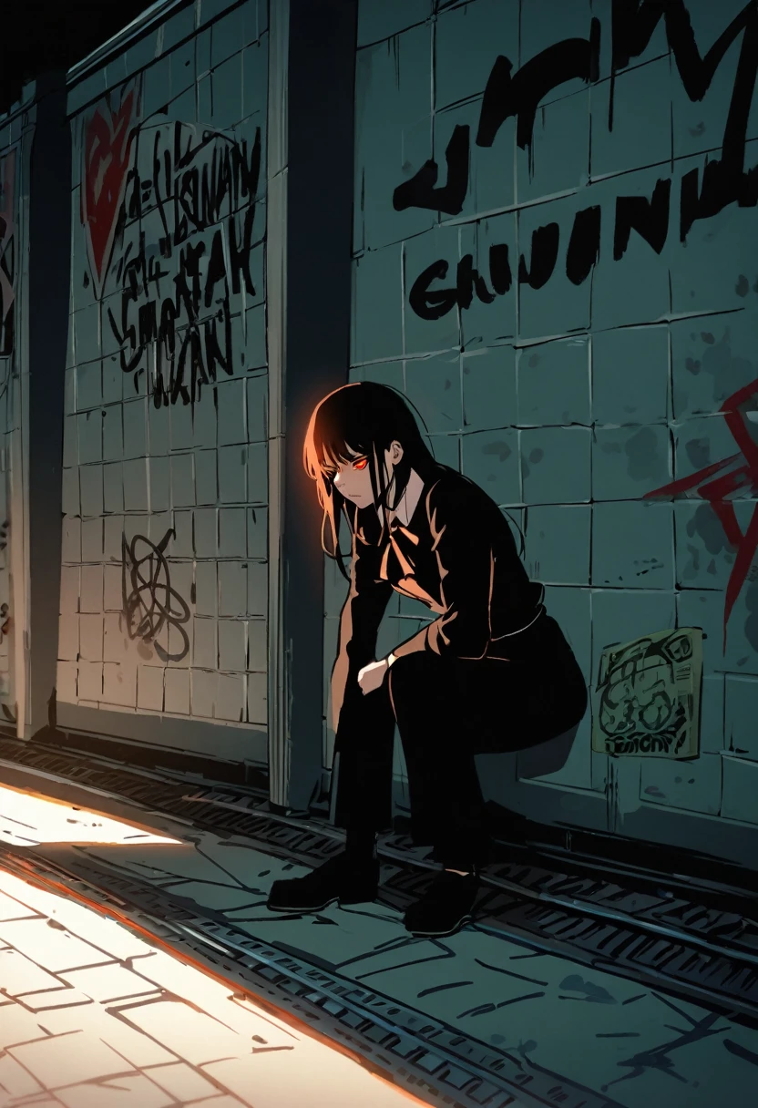 1girl, yoru \(chainsaw man\), chainsaw man,Yoru stands on an empty subway platform, with hard lighting from a single overhead light casting long shadows. The noir style is accentuated by the tiled walls and the distant sound of a train approaching. Her pose is tense, ready for action, with graffiti and posters on the walls adding to the gritty ambiance.