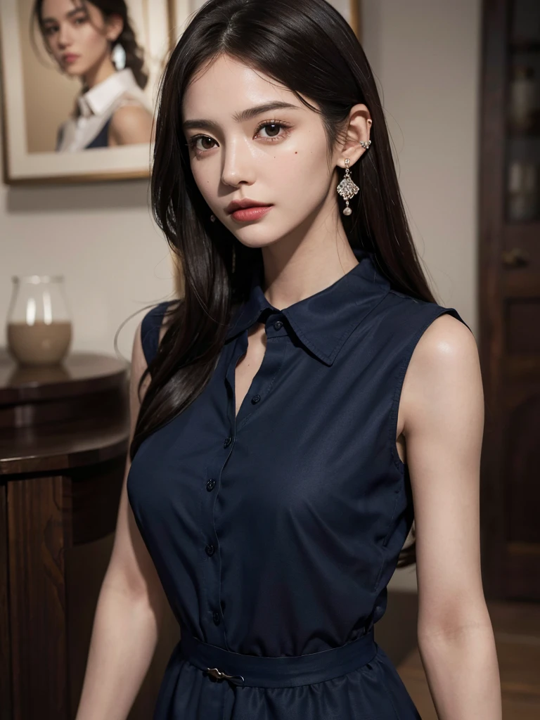 absurdres, RAW photo, extremely delicate and beautiful, masterpiece, Best Quality, ultra high resolution, 32k, hyperrealistic, ultra-detailed, perfect anatomy, anatomically correct, perfect figure, Perfect Style, Perfect balance, super Detailed skin, in her 30s, very Slim body, narrow waist, very small head, very small face, delicate facial features, handsome detailed woman, very detailed eyes and face, realistic face proportions, Realistic beautiful face, Realistic beautiful eyes, tearful mole, earring, huge round tits, full body shot, whole legs, medium hair, dark blonde hair, asymmetrical hair, indoor, (collared navy shirt dress:1.2), sleeveless,