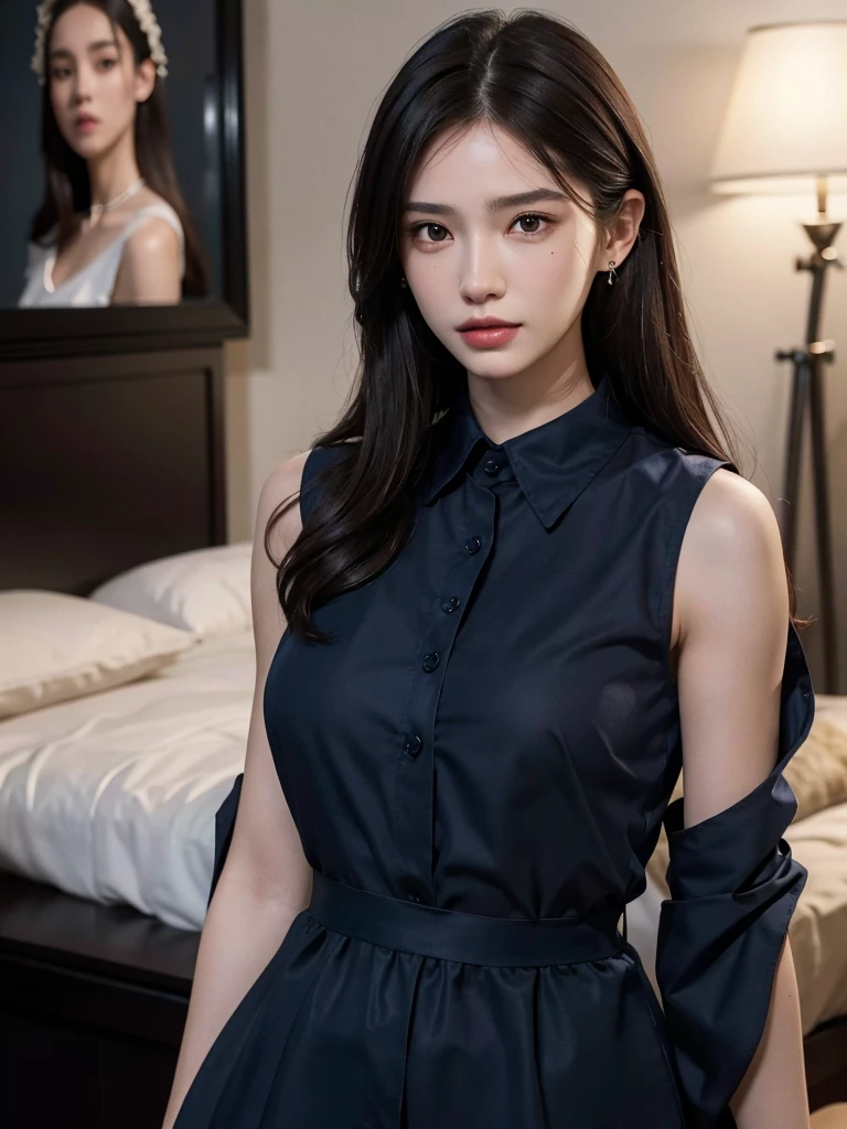 absurdres, RAW photo, extremely delicate and beautiful, masterpiece, Best Quality, ultra high resolution, 32k, hyperrealistic, ultra-detailed, perfect anatomy, anatomically correct, perfect figure, Perfect Style, Perfect balance, super Detailed skin, in her 30s, very Slim body, narrow waist, very small head, very small face, delicate facial features, handsome detailed woman, very detailed eyes and face, realistic face proportions, Realistic beautiful face, Realistic beautiful eyes, tearful mole, earring, huge round tits, full body shot, whole legs, medium hair, dark blonde hair, asymmetrical hair, indoor, (collared navy shirt dress:1.2), sleeveless,