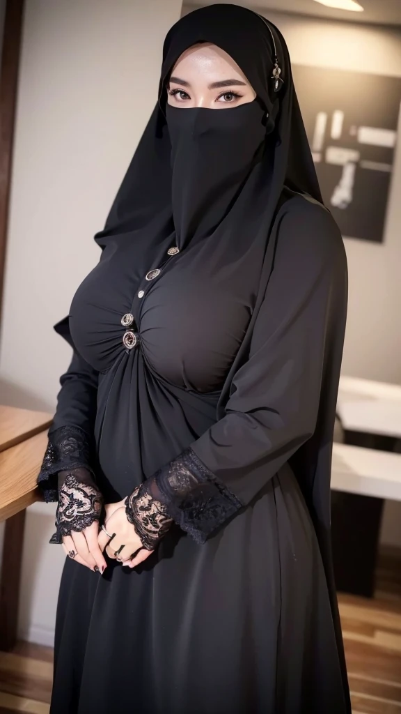 8K, high quality, nice lighting, soft lighting, realistic, dark eyes, sexy, big breasts, thighs, wide hips, arabic dress, black dress, Jewelry, sexy lady, asian, hijab, niqab, sexy pose, showing big thighs, nice body, natural largest breast, wearing rings for woman, office girl, sexy posing,