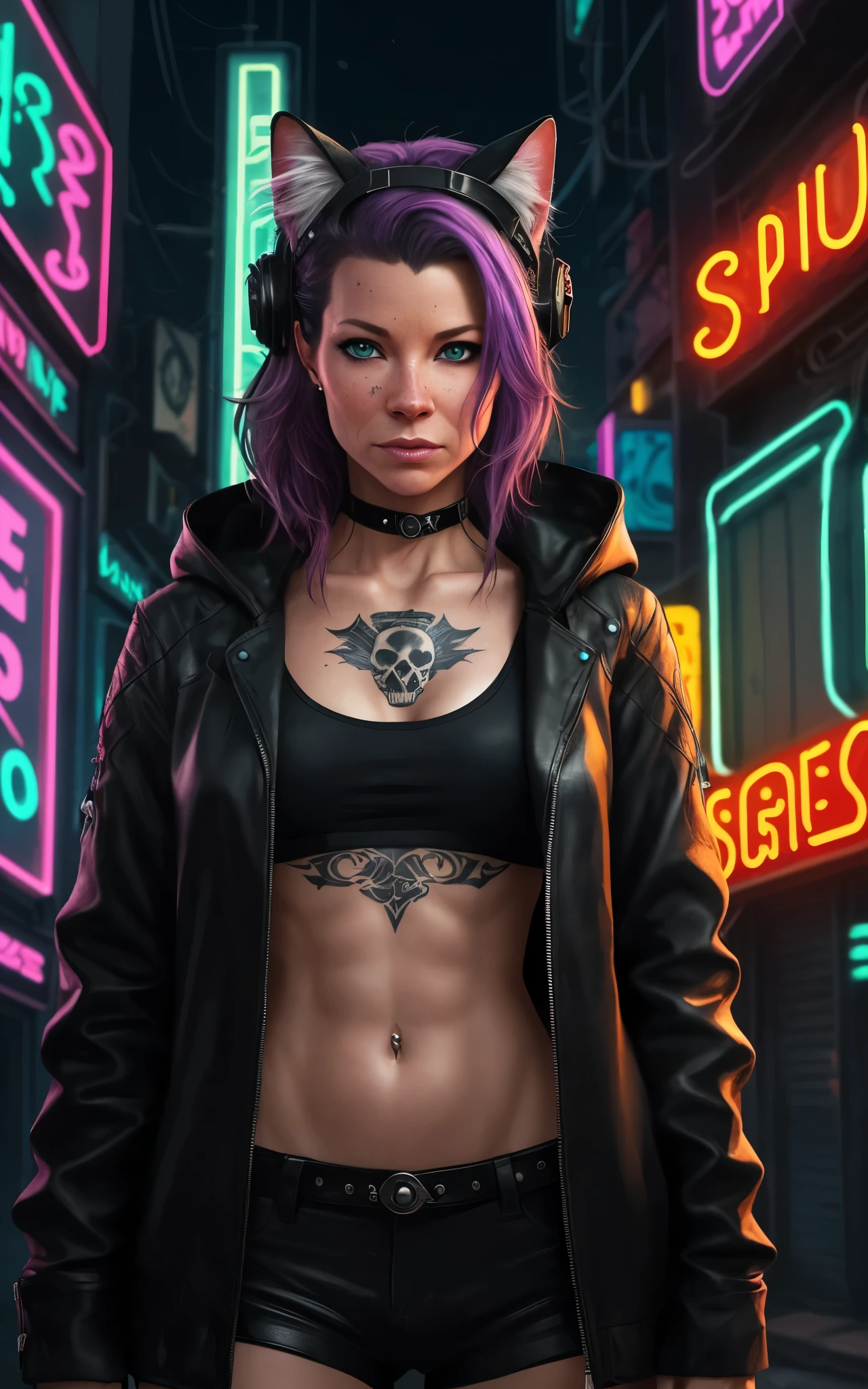 (zendaya), at the the Grand Central Terminal, cinematic, medium shot, whole head in frame, detailed face, detailed eyes, evening, punk aesthetic, pale blue ripped jeans, braces, suspenders, black boots, white shirt, skull, heart, necklace, chain, bullets, black leather jacket, dark blue beanie, tattoo sleeve, right arm, intricate design, flowers, yellowed skull, dyed hair, light purple roots, blue ends, navy T-shirt, rock, chick, messy hair, Full body, Beautiful anime waifu style girl,hyperdetailed painting, luminism, art by Carne Griffiths and Wadim Kashin concept art, dark background, abstract beauty, approaching perfection, pure form, golden ratio, minimalistic, dark atmosphere, unfinished, concept art, by Brian Froud and Carne Griffiths and Wadim Kashin and John William Waterhouse, intricate details, 8k post production, high resolution, hyperdetailed, trending on artstation, sharp focus, studio photo, intricate details, highly detailed, by greg rutkowski
