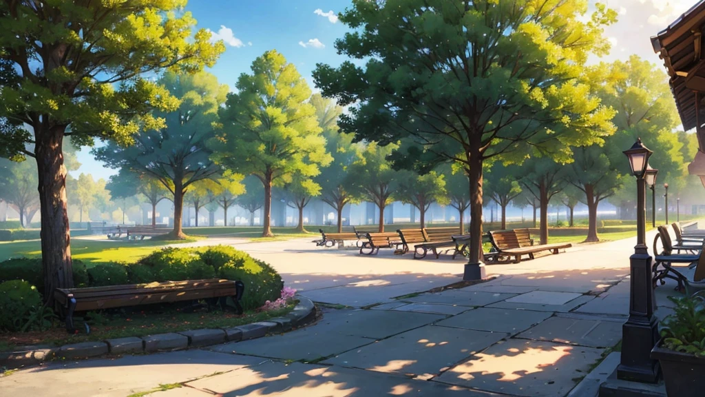 masterpiece, Best quality, (2d anime background), (Visual novel), (Best quality), (best illustration), (best shadow), beautiful detailed glow, Park, Benches, daytime lighting, anime, background