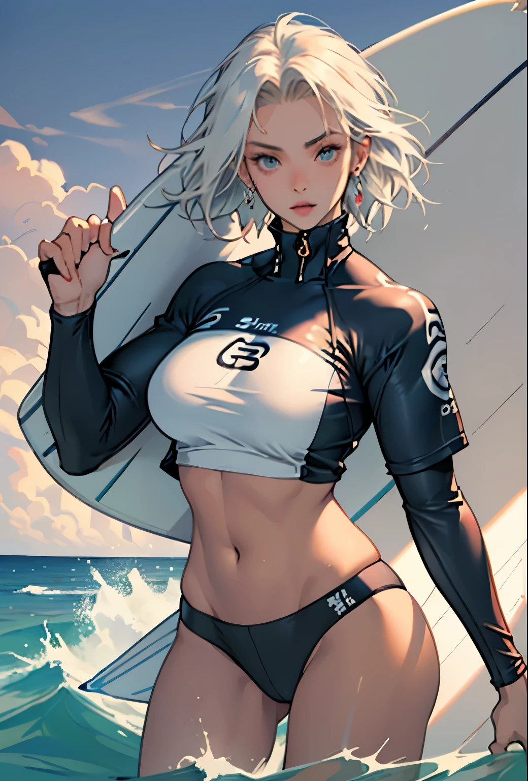 masterpiece, (Textured skin), Highest quality, Gorgeous beautiful girl, (female surfer), Detailed clothing,Large Breasts,Tight waist,, (Beautiful Face), Cinema Lighting, (At the surfing venue ), Holding the board,