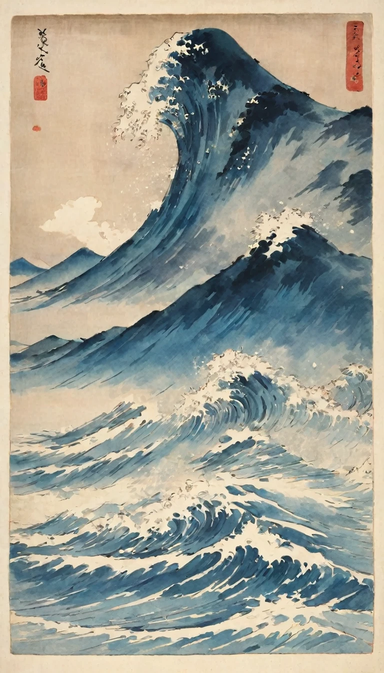 Katsushika Hokusai、vague、Mont、Mountain、Ocean、Rough seas々beautiful、wood々、Ink and watercolor、Light tones、Calligraphy、Ink Painting