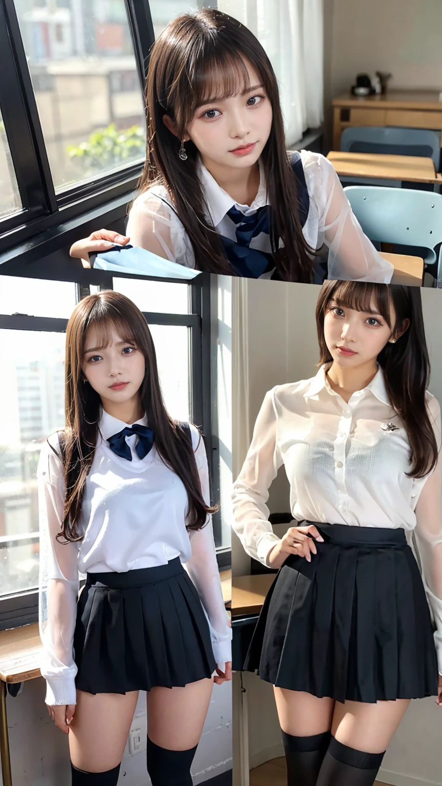 ((masterpiece, Highest quality)),Best aesthetics,One girl, , machine, Sitting, school machine, Black hair straight, classroom, Long Hair, indoor, Chair, View your viewers, :p, Focus Only, Brown eyes, mini skirt, Long sleeve, pencil, 1 boy, pencil case, paper, Seraph of the Black, Multiple Girls, Pleated skirt, Sailor collar, bangs, Headrest, school bag, school Chairに足を開いて座る,smile,(skirt lift:2.0),Knee-high socks,Showing off her black underwear,(see through:1.6),Wet Hair,Panties partially removed,Big Breasts